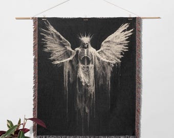 Dark Angel Skeleton Woven Blanket 100% Cotton, Gothic Winged