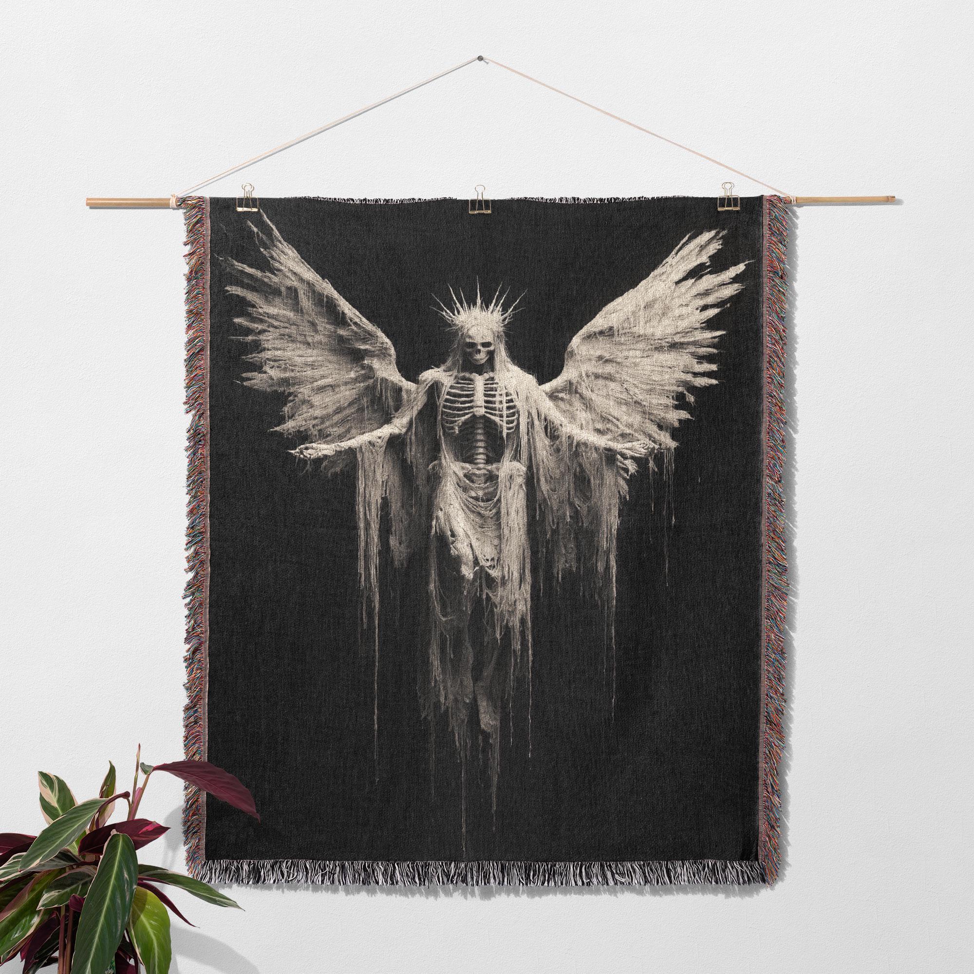 Dark Angel Skeleton Woven Blanket 100% Cotton, Gothic Winged