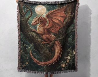 100% Cotton Moonlit Dragon Woven Blanket – Fantasy Woodland Tapestry, Mystical Home Decor
