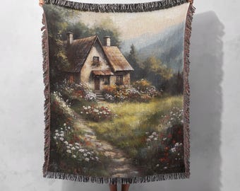 100% Cotton Cottage Woven Blanket, Cozy Floral Tapestry, Vintage Landscape Throw, Cottagecore Home Decor, Rustic Country Aesthetic