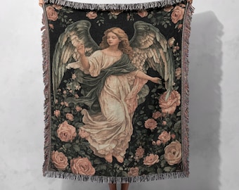 100% katoenen geweven engelendeken – Heavenly Guardian-wandtapijt, etherische bloemendeken