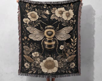 100% Cotton Bee Woven Blanket, Vintage Honeybee Tapestry, Nature-Inspired Decor