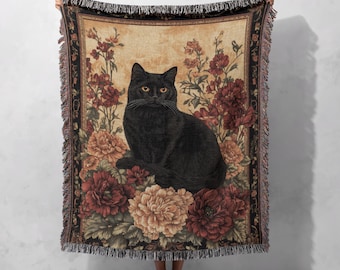 Couverture tissée 100 % coton - Plaid douillet vintage à motif chat noir et fleurs, style cottagecore