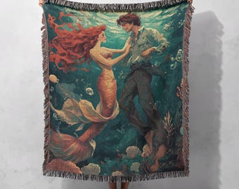 Manta tejida 100 % algodón con temática de sirena y romance, tapiz de fantasía oceánica de cuento de hadas, manta encantada con amor submarino, decoración náutica para el hogar.