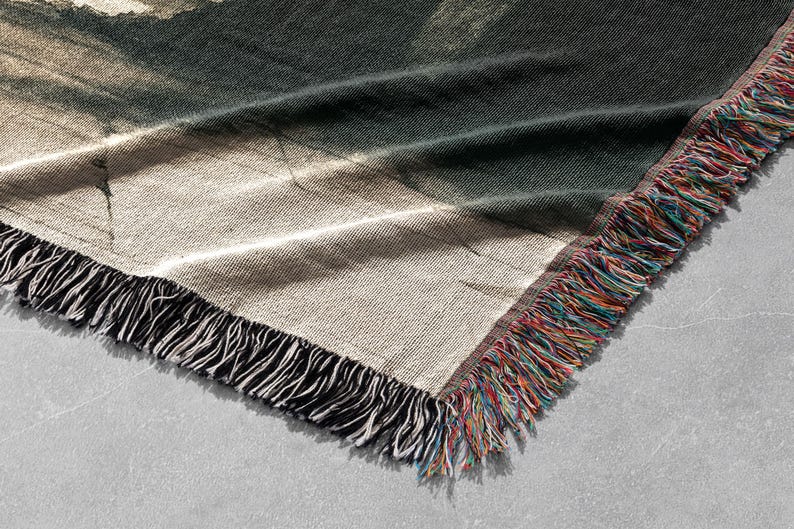 May include: A woven throw blanket with a colorful fringe and a faded abstract design in shades of brown, green, and white.