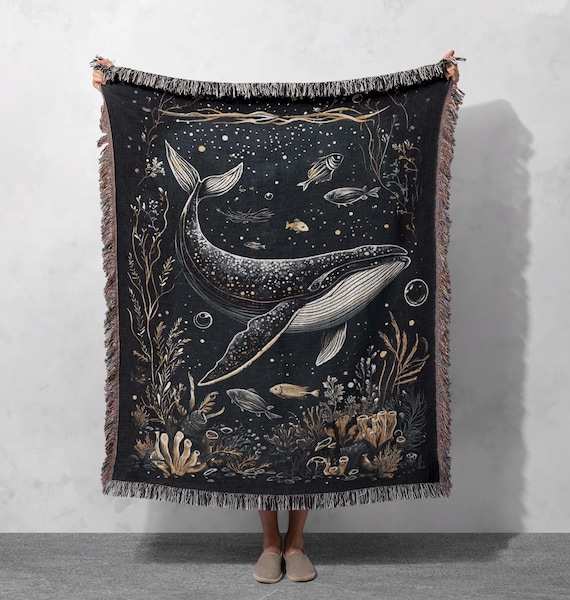 100% Cotton Celestial Whale Woven Blanket, Cosmic Ocean Tapestry, Nautical Decor Throw
