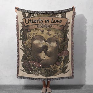 Otterly in Love Woven Blanket 100% Cotton - Adorable Otter Couple Art Throw for Cozy Nature-Inspired Decor, Cottagecore Tapestry