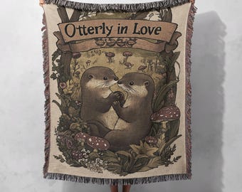 Otterly in Love Woven Blanket 100% Cotton - Adorable Otter Couple Art Throw for Cozy Nature-Inspired Decor, Cottagecore Tapestry