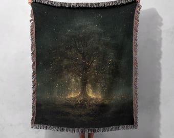 Manta tejida con árbol místico de la vida 100 % algodón, manta brillante de bosque encantado, manta de tapiz de naturaleza cósmica, regalo de decoración espiritual para el hogar.
