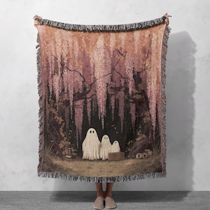 Ghost Family Woven Blanket 100% Cotton, Spooky Cottagecore Throw Blanket, Halloween Reading Hobby Tapestry Blanket, Fall Occasion Blanket