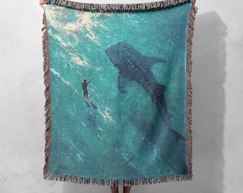 Whale Shark Woven Blanket 100% Cotton, Gift For Freediver Throw Blanket, Ocean Lover Tapestry, Marine Biologist Decor, Scuba Diver Dad Decor