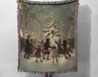 Vintage Christmas Woven Blanket 100% Cotton, Family Holiday Woven Tapestry, Christian Celebration Throw Blanket, Religious Art Lover Gift