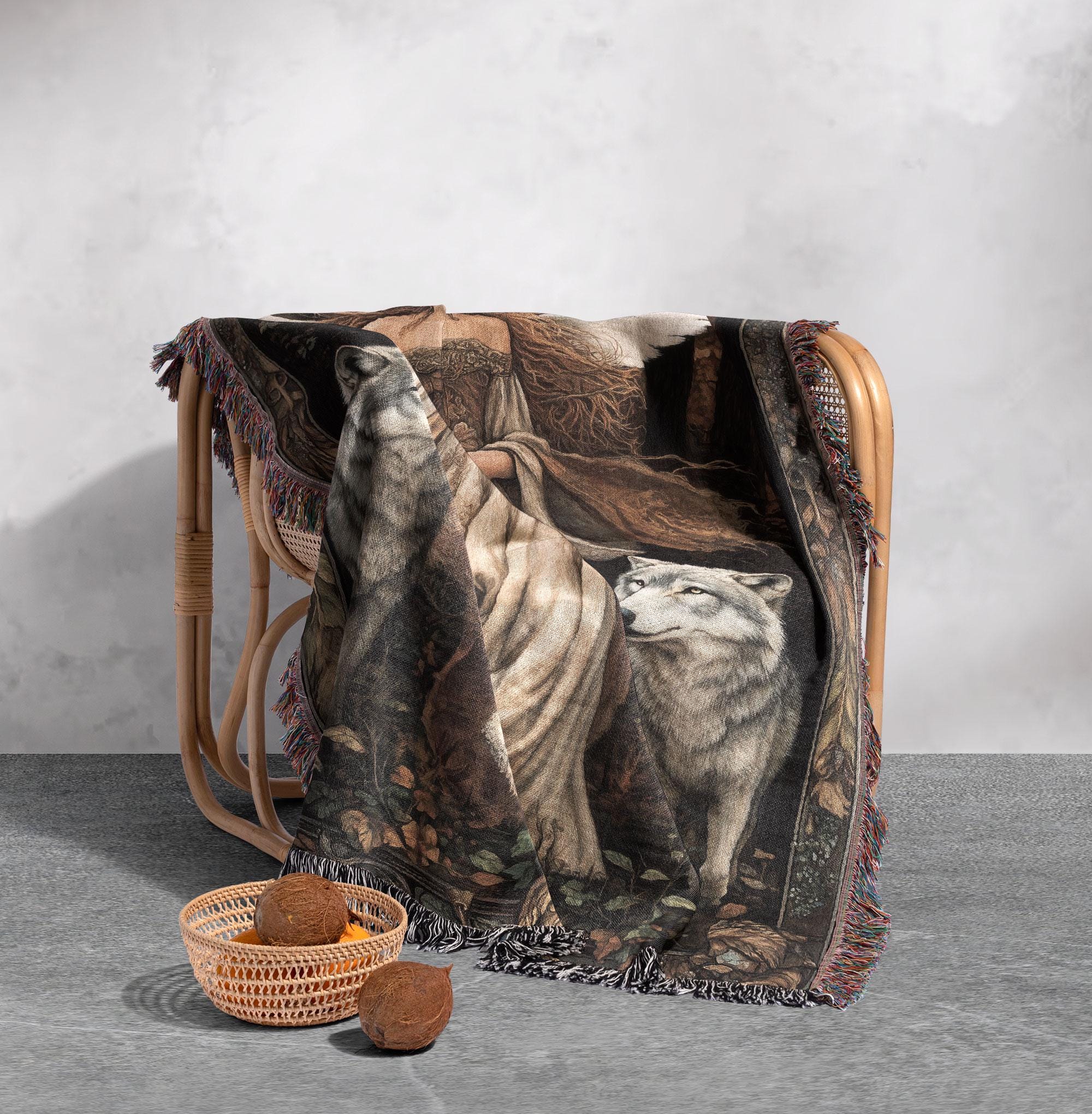 Guardian Angel Woven Blanket 100% Cotton - Wolves and Angelic Art