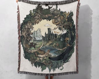 Fantasy Woven Blanket 100% Cotton with Enchanted Castle and Forest Scene, Cozy and Decorative Throw, Cottagecore Tapestry