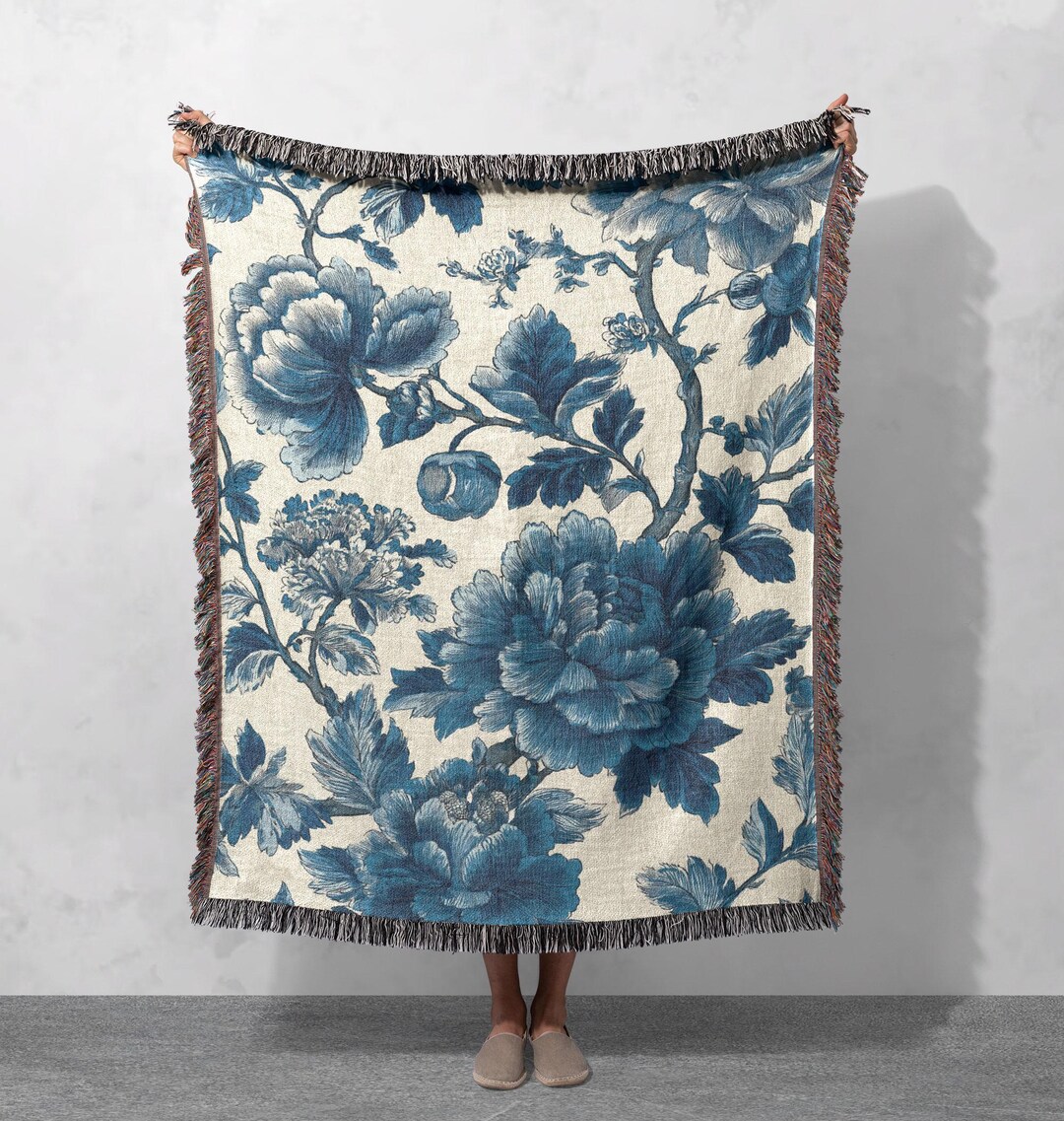 Vintage Floral Blue Woven Blanket 100% Cotton, Decorative Throw