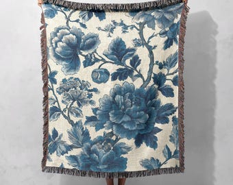 Vintage Floral Blue Woven Blanket 100% Cotton, Decorative Throw Blanket, Elegant Home Decor Blanket, Classic Botanical Blanket, Cozy Decor.