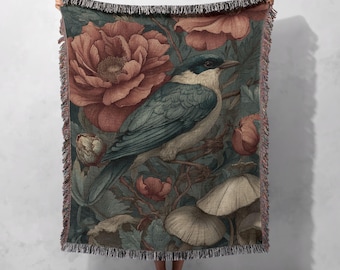 Vintage Bird Art Woven Blanket 100% Cotton, Botanical Flower Throw Blanket, Gift For Nature Lover, Cottagecore Decor Tapestry, Dark Academia
