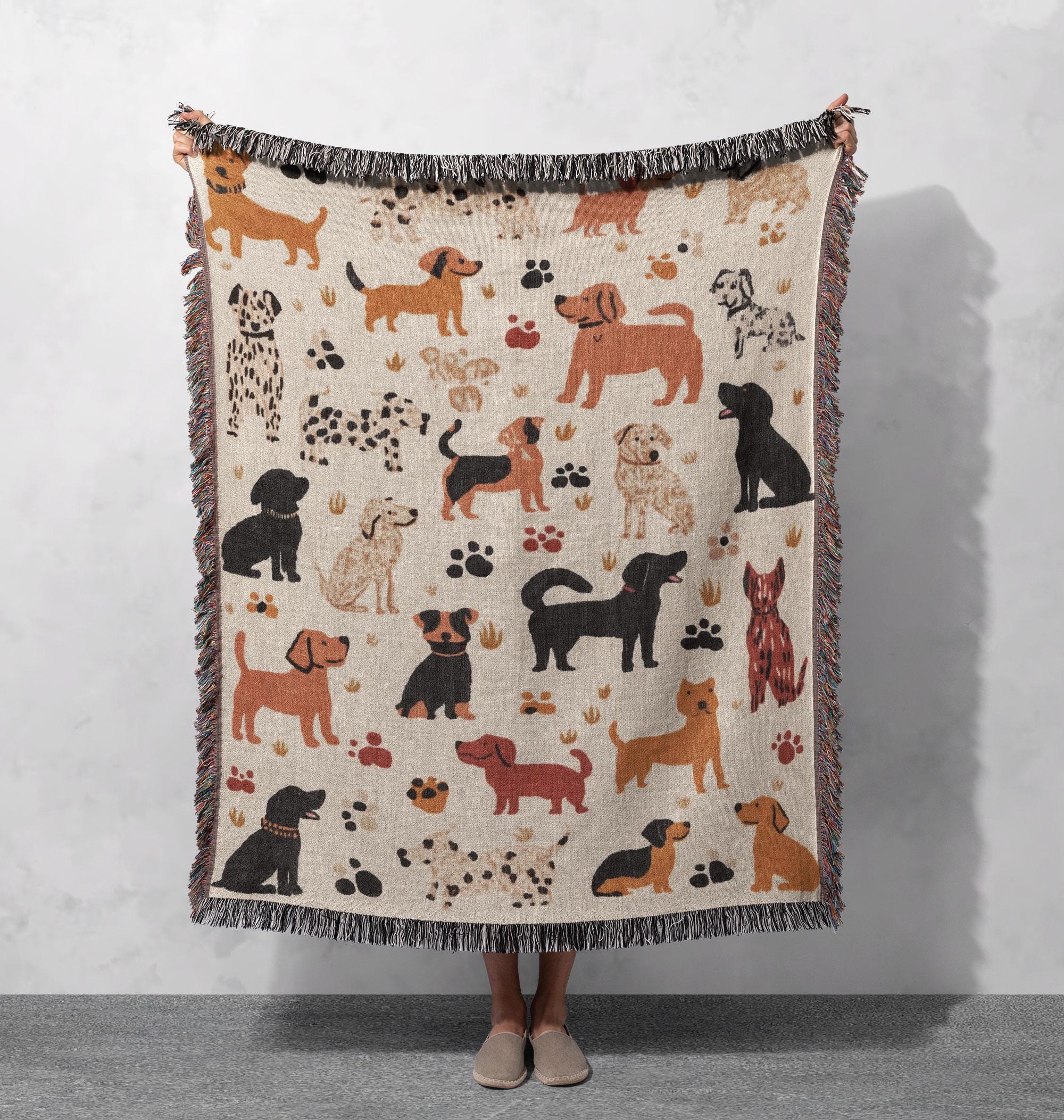 100% Cotton Dog Lover Woven Blanket, Cute Puppy Tapestry, Cozy Pet Throw, Animal Print Home Decor, Gift for Dog Owners