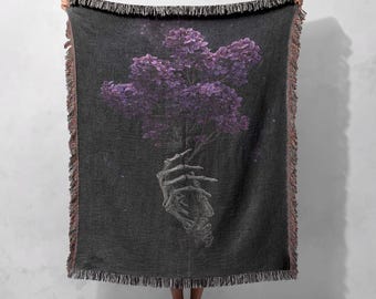 Gothic Floral Skeleton Hand Woven Blanket 100% Cotton, Dark Botanical Woven Blanket, Alternative Art Woven Blanket, Nature Lover Blanket