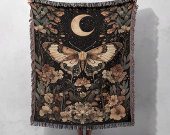 Mystical Moth and Moon Woven Blanket 100% Cotton for Nature and Celestial Home Decor, Cottagecore Tapestry