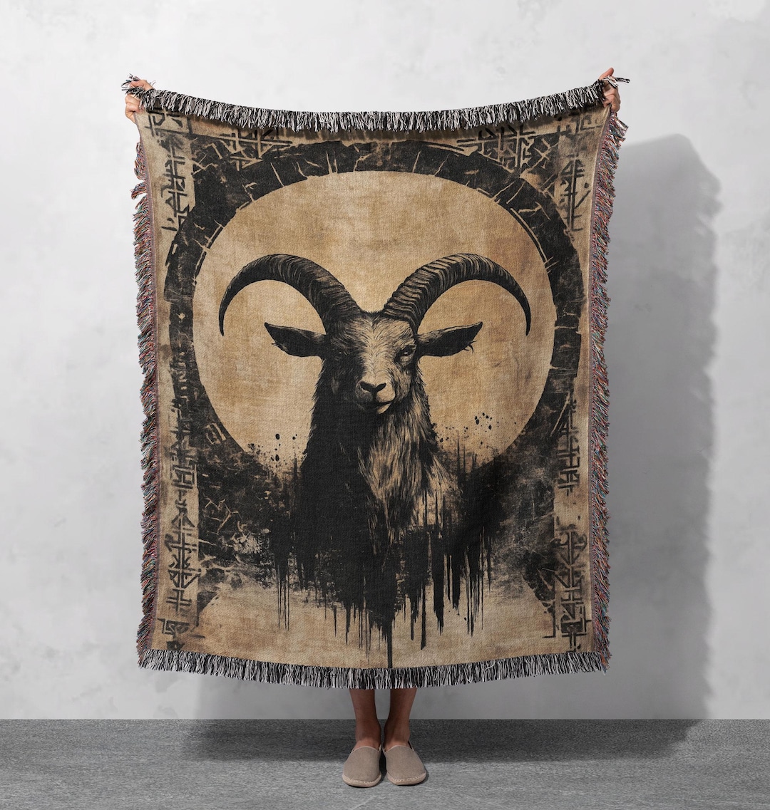 100% Cotton Gothic Goat Woven Blanket, Dark Occult Tapestry