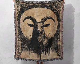 Manta tejida de cabra gótica 100 % algodón, tapiz ocultista oscuro, manta de altar de brujas, decoración mística de cabra negra, manta de terror vintage