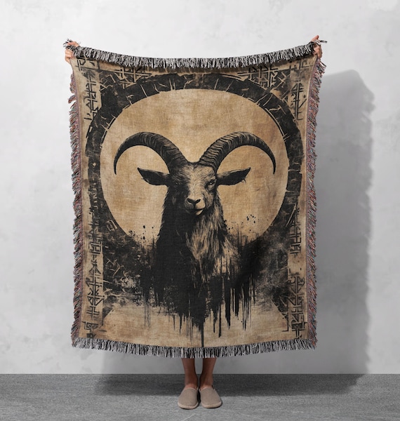 100% Cotton Gothic Goat Woven Blanket, Dark Occult Tapestry, Witchy Altar Throw, Mystical Black Goat Decor, Vintage Horror Blanket