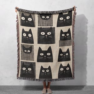 Modern Black Cat Woven Blanket 100% Cotton - Artistic Cat Face Throw for Cozy Home Decor, Cottagecore Tapestry