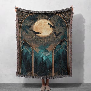Moonlit Forest Woven Blanket 100% Cotton, Gothic Nature Woven Blanket, Bat Silhouette Woven Blanket, Night Sky Woven Blanket, Spiritual Moon Woven Blanket, Fantasy Landscape Woven Blanket