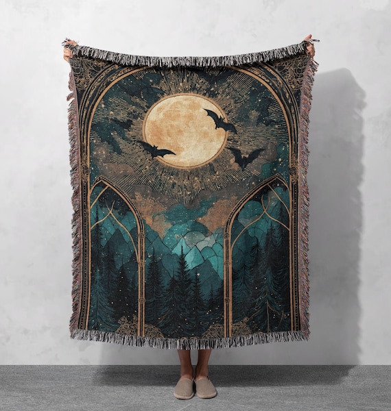 Moonlit Forest Woven Blanket 100% Cotton, Gothic Nature Woven Blanket, Bat Silhouette Woven Blanket, Night Sky Woven Blanket, Spiritual Moon