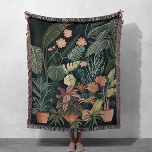 100% Cotton Tropical Plant Woven Blanket, Botanical Jungle Tapestry Throw, Cottagecore Blanket, Home Decor