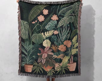 100% Cotton Tropical Plant Woven Blanket, Botanical Jungle Tapestry Throw, Cottagecore Blanket, Home Decor