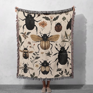 100% Cotton Insect Woven Blanket, Vintage Beetle Tapestry, Nature-Inspired Home Decor, Cottagecore Throw, Entomology Gift for Mom