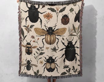Manta tejida 100 % algodón con diseño de insectos, tapiz vintage de escarabajos, decoración del hogar inspirada en la naturaleza, manta estilo cottagecore, regalo de entomología para mamá.