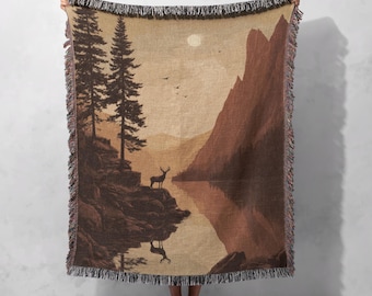 Nature Lover Woven Blanket 100% Cotton, Hiker Gift Woven Throw, Dad Birthday Tapestry Blanket, Mountain Decor, Outdoorsman Gift Blanket