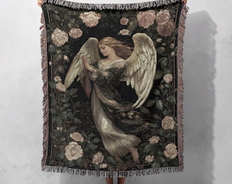 Manta tejida de ángel 100 % algodón: tapiz gótico etéreo, manta vintage con ángel de la guarda