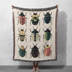 100% Cotton Colorful Beetle Woven Blanket, Insect Tapestry, Nature-Inspired Throw