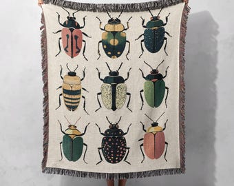 Manta tejida con escarabajos de colores, tapiz de insectos, 100 % algodón, inspirada en la naturaleza