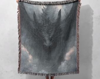 Fantasy Dragon Woodland Woven Blanket 100% Cotton, Mystical Creature Mythical Woven Blanket, Dark Forest Storytelling Woven Blanket, Gothic