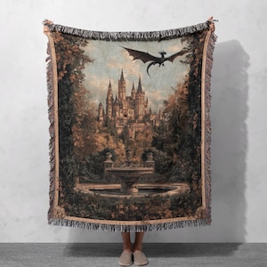 Couverture tissée Château enchanté 100 % coton, jeté de tapisserie fantaisie, décoration d&#39;intérieur médiévale