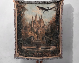 100% Cotton Enchanted Castle Woven Blanket, Fantasy Tapestry Throw, Medieval Home Decor