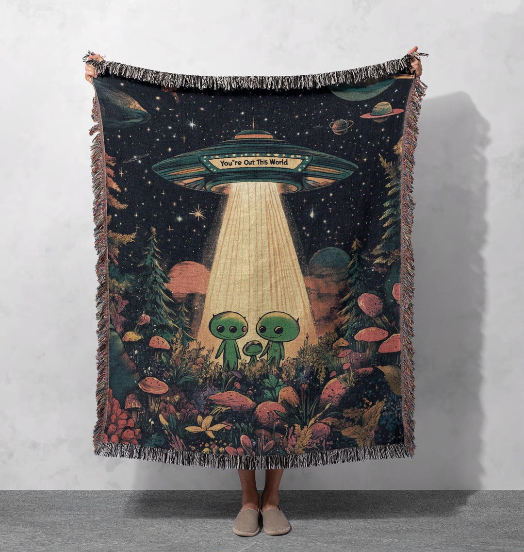 UFO Alien Abduction 100% Cotton Woven Blanket, Retro Sci-fi Tapestry ...