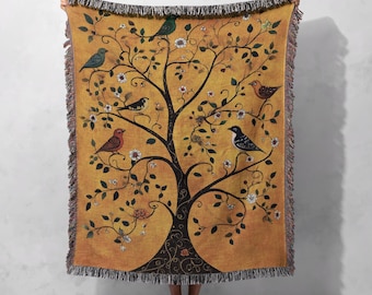 Golden Tree of Life 100% Cotton Woven Blanket – Nature-Inspired Artistic Home Decor, Cottagecore Tapestry