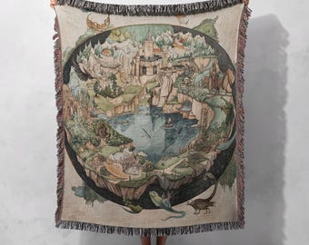 Woven Blanket 100% Cotton with Fantasy Landscape and Castle Design, Cottagecore Tapestry