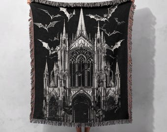 Manta tejida con diseño de catedral gótica, tapiz negro 100 % algodón, manta con diseño de iglesia encantada, decoración de Halloween, manta espeluznante, tapiz de arte gótico