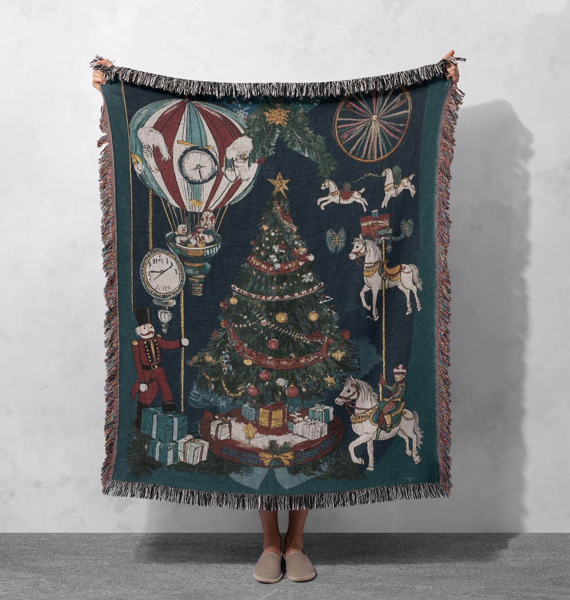 ヴィンテージ クリスマス織りブランケット 100% コットン カルーセル