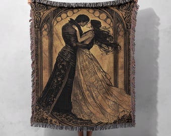 100% Cotton Medieval Romance Woven Blanket, Knight & Lady Tapestry Throw, Gothic Fairy Tale Home Decor, Romantic Gift for Couples