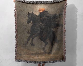 Headless Horseman gewebte Decke 100% Baumwolle, Halloween-Dekor Decke, Sleepy Hohl Tapisserie Decke, Gothic Horror Fan Geschenk, Spooky