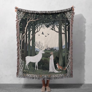 Enchanted Forest Woven Blanket 100% Cotton with Deer, Fox, and Maiden - Nature-Inspired Fantasy Tapestry for Cozy Home Decor, Cottagecore
