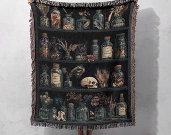 Manta tejida con estante de boticario 100 % algodón - Manta gótica oscura de la Academia para decoración del hogar, tapiz Cottagecore